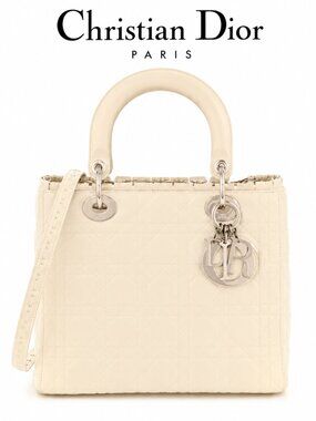 Authentic Christian Dior Lambskin Cannage Ruffle Trim Medium Lady Dior Off White